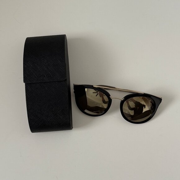 Prada Black & Gold Round Sunglasses with Brow Bar - Picture 2 of 6